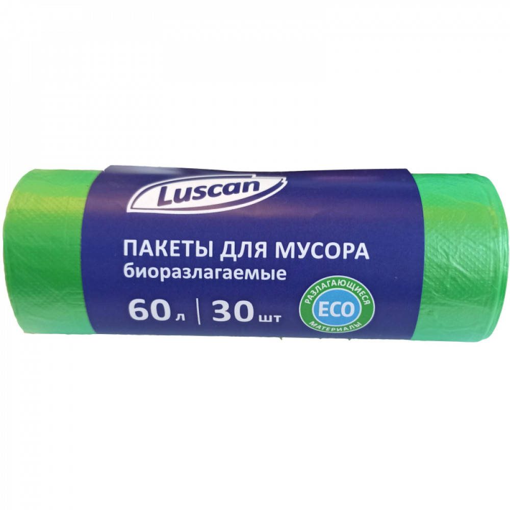 Мешки для мусора ПНД 60л 12мкм 30шт/рул зеленые 58x68см Luscan Bio