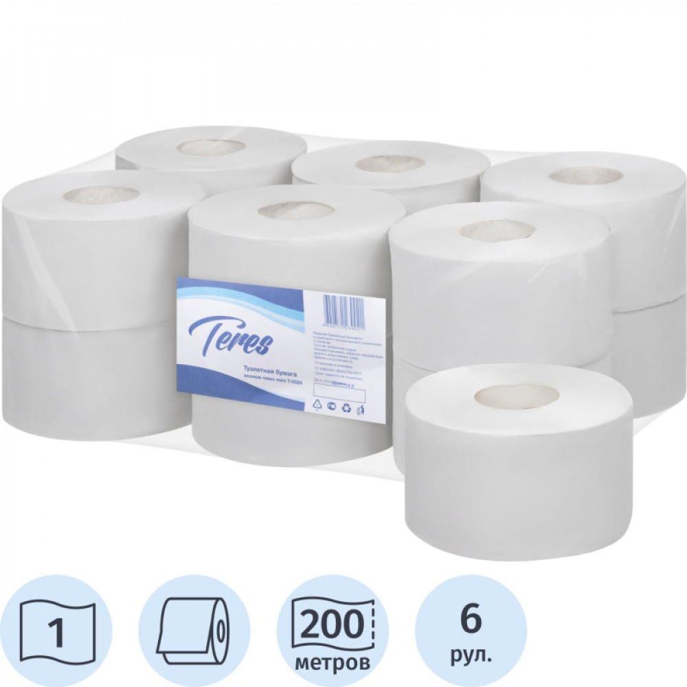 Бумага туалетная д/дисп Терес Эконом мини 1сл бел 200м 12рул/уп T-0024