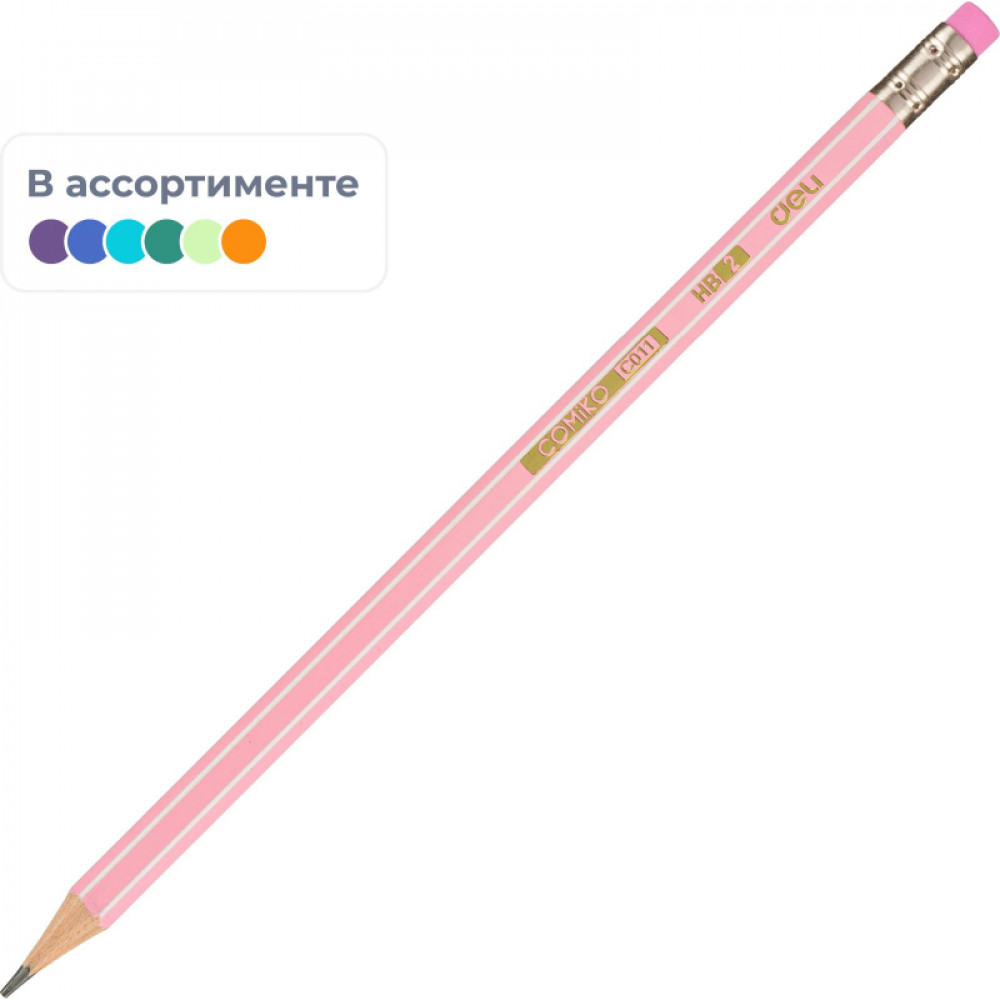 Карандаш чернографитный Deli EC011-HB шестигр., HB ластик, цвет АССОРТИ