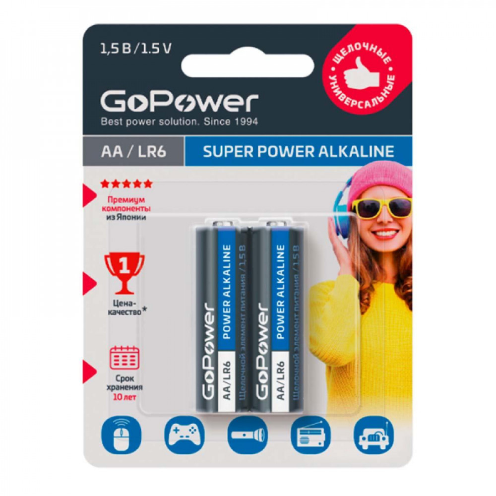 Батарейка GoPower LR6 AA 2шт/бл Alkaline 1.5V (2/24/480)