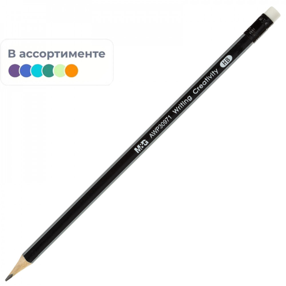 Карандаш чернографитный M&amp;amp;G HB дерев, заточ, трехгр, с ласт, в асс AWP30971