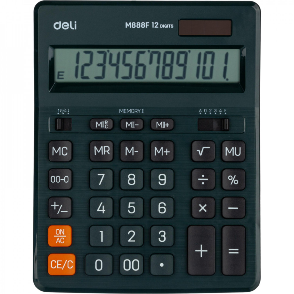 Калькулятор настольный ПОЛНОРАЗМ. Deli EM888F, 12-р,дв.пит.,202x159мм,т-зел