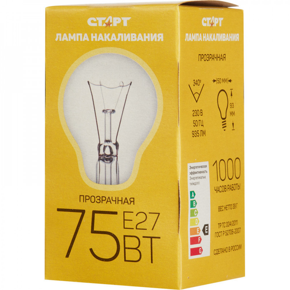 Электрическая лампа СТАРТ стандартная/прозрачная 75W E27 10 шт